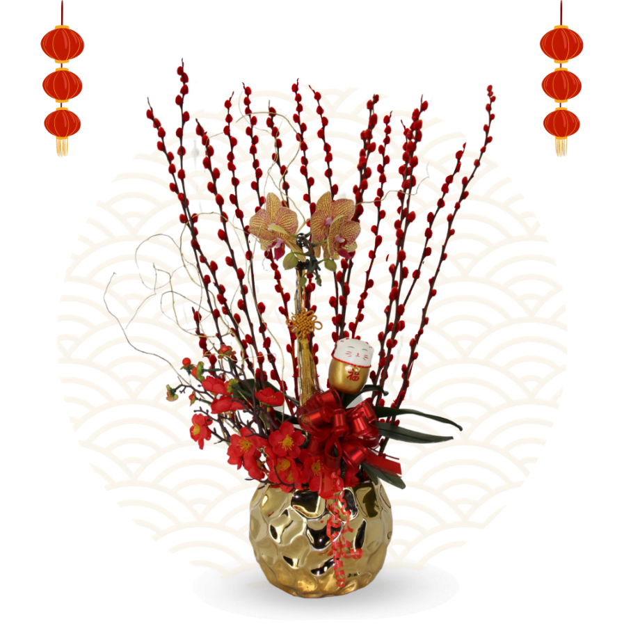 Rustic Gold Charm | Red Sakura & Orange Orchid Elegance