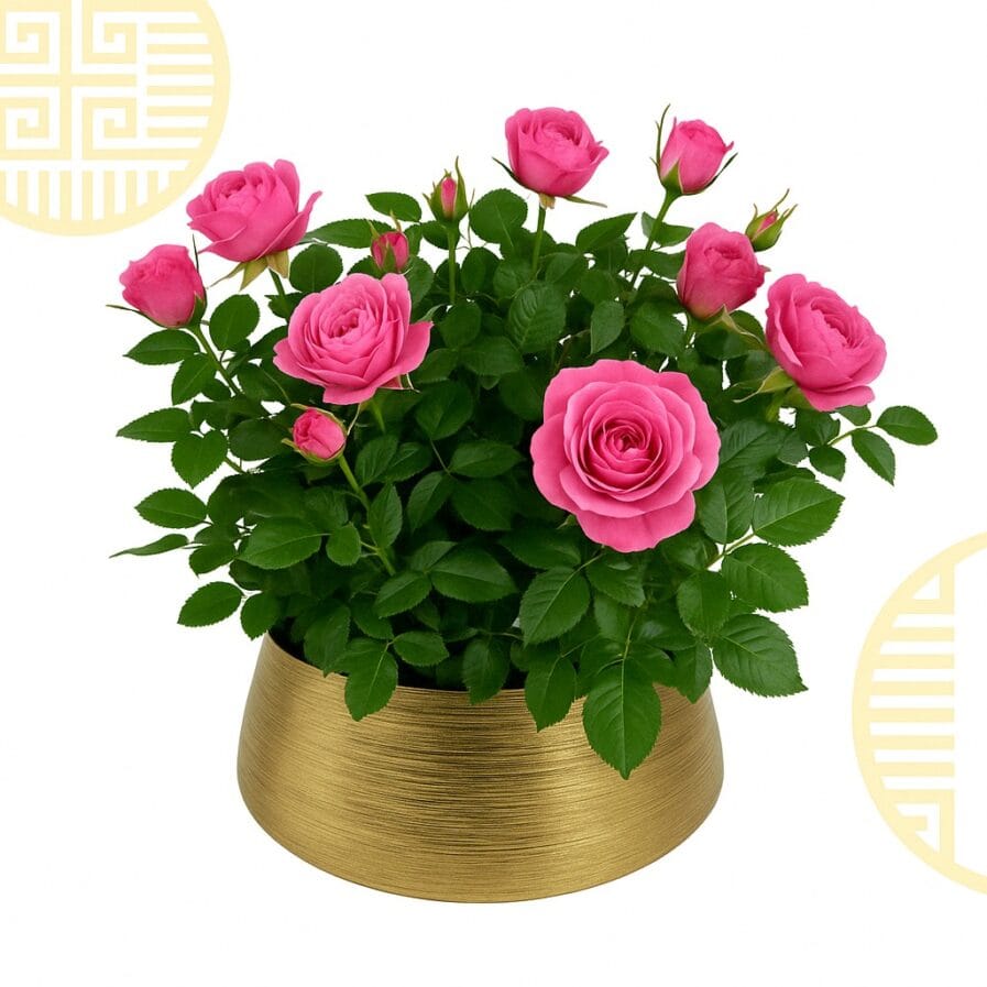 Pink Rose in Golden Pot