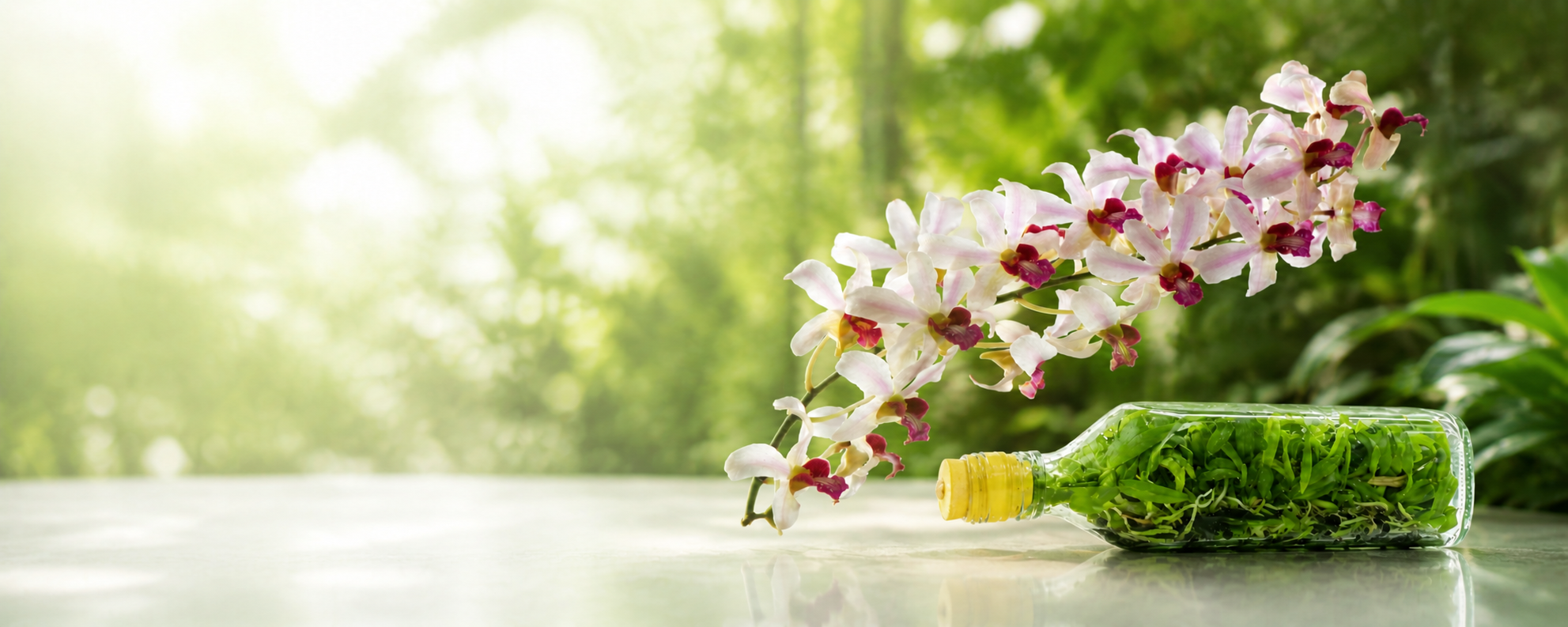 Orchid flask collection with tissue-cultured seedlings and blooming orchids